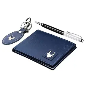 WILDHORN Blue Leather Wallet Keychain & Black Diamond Pen Combo for Men I Gift Hamper