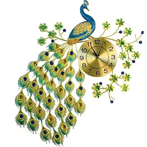 RONTENO Metal 3D Peacock Big Size Wall Clock for Home (Gold Blue 32 Inches x 24 Inches) - Birds Theme