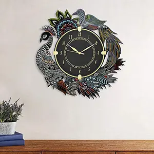 CAPIO ART Wooden Peacock Wall Clock for Home Wall Decor Round Shape Handmade Wall Clock for Bedroom Office & Home (Black)