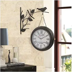 SAREE HOUSE Wood and Metal Vintage Antique Double Sided Station Clock (Black and Victoria White 10 Inch)