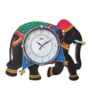 SA SHIVA ARTS Unique Elephant Design Handpainted UV Printed Wooden Designer Beautiful and Elegant Ajanta Wall Clock (12 x 16 inch Multicolour)
