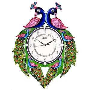 Circadian Ajanta Wooden Analog Wall Clock Design for Home Hall Living Room Decor Office Kids Bedroom Stylish Ethnic Antique Decorative Multi colour Peacock 33 x 33 cm Pack of 1