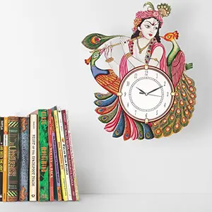 CAPIO ART Religious Theme Radhe Krishna Design Antique Stylish Round Shape Handmade Vintage Wood Wall Clock for Home Bedroom Home Decor (Multicolour 12 x 16.5 Inch)