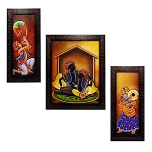 INDIANARA 3 PC Set of Rajasthani Folk Music & Dance Paintings (1084) Without Glass 6 X 13 10.2 X 13 6 X 13 inch