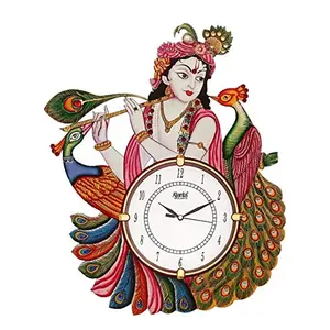 Art Angels Wooden Antique Lord Krishna with Peacock Designer Wall Clock (12 x 16.5 inch Multicolour)