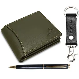 Hornbull Themes Olive Green Mens Leather Wallet Keyring & Pen Combo Gift Set for Men | Wallet Men Leather Branded