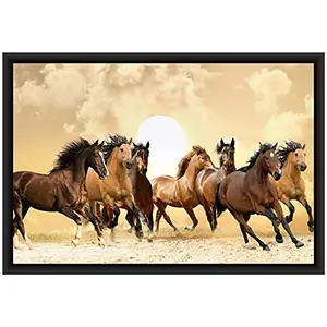 Poylaamo Seven Running Horses Framed Wall Painting for Living Room Bedroom and Vastu (Light Brown L)