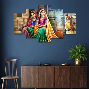 Saumic Craft Set Of 5 Rajasthani Village Lady Scenery Framed Wall Painting For Home Decoration  Living Room (multi color75 X43 CM ) TL