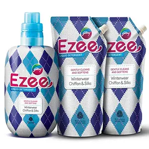 Godrej Ezee Liquid Detergent 1kg bottle + 2 Refill Pouch(1 kg each) for Winter-wear Added Conditioner No Soda Formula Woolmark Certified