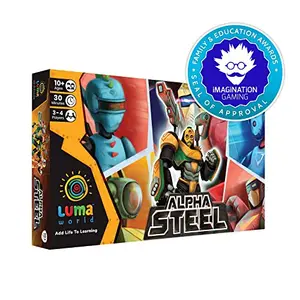 LUMA WORLD ADD LIFE TO LEARNING  Luma World Alpha Steel STEM Strategy Board Game for 10+ Years to Learn Numbers Profit and Loss Percentage Money Includes Robot Cards and Fantasy Currency 30-45 Minutes Game and 3-4 Players