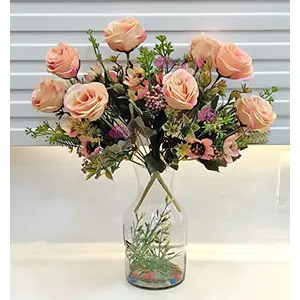 ARTSY  ARTS  Artificial Flowers for Home Decoration Rose Bunch Small Size Without Vase Peach Pack of 2 Pieces