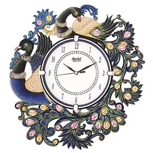 Circadian Ajanta Wooden Analog Wall Clock Design for Home Hall Living Room Decor Office Kids Bedroom Stylish Ethnic Antique Decorative Multi Colour Peacock 36 x 33 cm Pack of 1