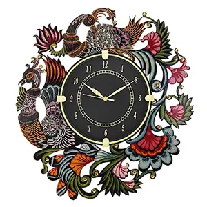 Circadian Ajanta Peacock Design Wall Clock for Home dÃ©cor Living Room Hall Office Bedroom Fancy Stylish Antique Wooden Watch Handmade Multicolour 35 x 33 cm Pack of 1