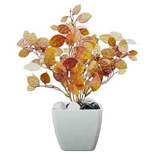 Caajib Decor's Artificial Orange Papad Leave Plants in Imported Brazilian White Plastic Pot with Stone for Home Office & Dining Room Decoration | Fire Retardant & UV Protected