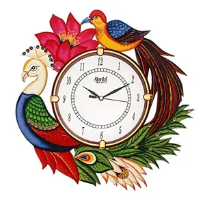 Circadian Ajanta Wooden Analog Wall Clock Design for Home Hall Living Room Decor Office Kids Bedroom Stylish Ethnic Antique Decorative Multi Colour Peacock 33 x 33 cm Pack of 1