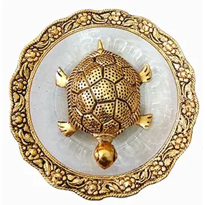 Trendy Crafts Metal Feng Shui Tortoise On Plate Showpiece (Golden Diameter: 5.5 Inch)