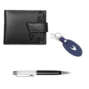WildHorn Black Leather Men's Wallet  Keychain and Pen Combo Set (699702)