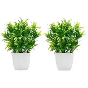 PUHUHP Artificial Beautiful Cute Mini Flower Plants with PlasticPot Green Grass Leaf Fake Topiaries Shrubs for Home Decor Washroom and Office Decor Christmas Diwali and Festive Decoration Set of 2