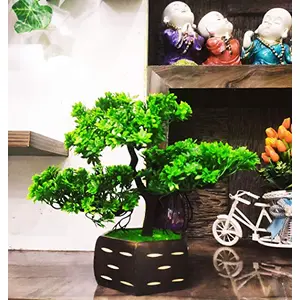 WOODZONE Artificial Bonsai Plants with Wooden Pot (Green)
