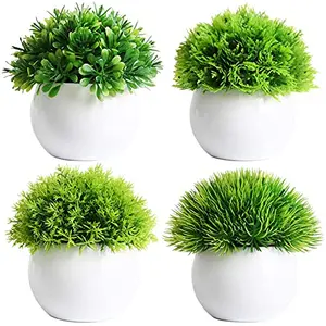 Dekorly Set of 4 Mini Artificial Plants Potted Fake Bonsai Ball Plant Faux Green Grass in White Plastic Pots for Outdoor and Indoor Home Desk Decor (4 Plants with Pot)