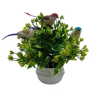 Dekorly Artificial Eucalyptus Plants With Cute Beautiful Colorful Birds with Pot (White)