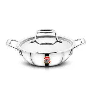 JENSONS Smilla Triply 18/10 Food Grade Stainless Steel Kadai with Stainless Steel Heavy LID-Induction Compatible-20 cm
