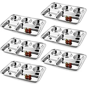 LiMETRO STEEL Stainless Steel Pack of 6 Rectangular Bhojan/Lunch/Dinner Set Sectioned Plate