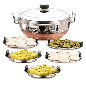 Ecom Stainless Steel Idli Cooker Multi Kadai Steamer with Copper Bottom All-in-One Big Size 5 Plate 2 Idli | 2 Dhokla | 1 Patra | Momo's