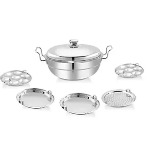 CASSAFLIP Premium Heavy Duty All-in-One Stainless Steel Idli Cooker Multi Kadai Steamer with Induction Bottom Pot Set Includes Big Size with 5 Plate (2 Idli 2 Dhokla 1Patra Silver)
