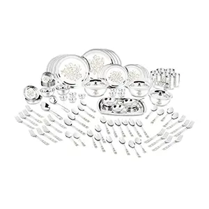 Classic Essentials Stainless Steel Glory Dinner Set 101-Pieces Silver Heavy Gauge with Permanent Laser Design