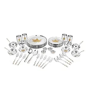 Classic Essentials Stainless Steel Maple Dinner set 42-PiecesSilver -Heavy Gauge with Permanent Laser Design