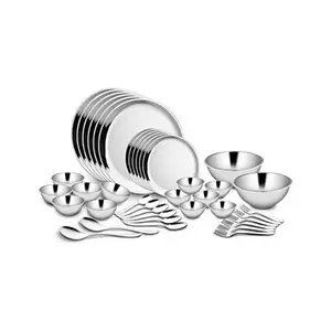 Classic Essentials High Grade Stainless Steel Double Walled Dinner Set of 40 pcs (Out Side Shiny Finish and in Side Matte Finish) -Silver