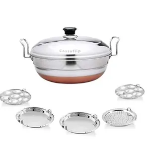 LUSTER All-in-One Stainless Steel Idli Cooker Multi Kadai Steamer with Favourite Contra Hard Anodised Chopper Bottom Pot Set Includes Big Size with 5 Plate (Modern Copper Bottom)