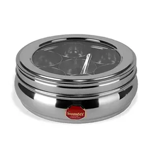Sumeet Stainless Steel Belly Shape Masala (Spice) Box/Dabba/Organiser with See Through Lid with 7 Containers and Small Spoon (Medium)