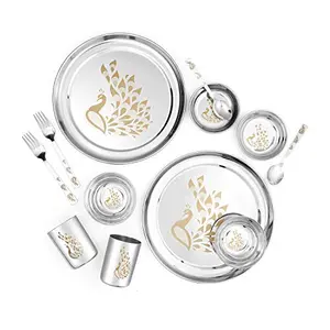 Classic essentials Stainless Steel Dinnerware 12-Piece Set High Grade Stainless Steel with Permanent Lazer Design of Peacock Dinner Set of Full PlatesGlassBowls and Spoons(Silver)