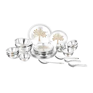 Classic Essentials High Grade Stainless Steel Double Walled with Permanent Vriksha Laser Design Dinner Set of 40 pcs (Out Side Shiny Finish and in Side Matte Finish) -Silver