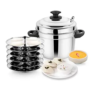 Prabha Stainless Steel Heavy Gauge Bottom Idli Cooker Idli Maker with 6 Plates Set with Stainless Steel Lid Idli Maker 4 Idli in Each Plate 24 Idli in one time.