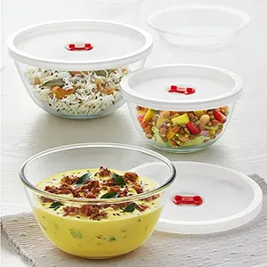 Borosil Glass Serving & Mixing Bowls with Lids Oven & Microwave Safe Bowls Set of 3 (500 ml + 900 ml + 1.3 L) Borosilicate Glass Clear