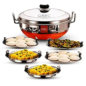 QSEC Stainless Steel Multi Kadai Idli Cooker Steamer with Copper Bottom All-in-One Big Size dhokla Cooker | 5 Plate 2 Idli | 2 Dhokla | 1 Patra | Momo Steamer | 3 in 1 | Idli Maker
