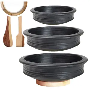 Craftsman India online Pottery Earthen Kadai/Clay Pots Combo for Cooking Pre-Seasoned (Black 1 2 3 L) 32 cm
