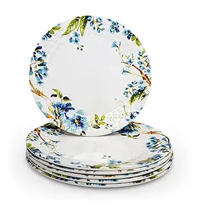 Konvio Melamine Dinner Plates Set of 6 White Floral Design Unbreakable Plates (White 11 inches) - 6 Pieces