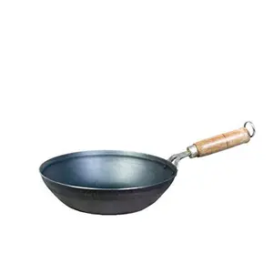 Craftenka Traditional Pure Iron Induction Base Fry Pan Kadai with Wooden Handle & Ring 10 Inch / 25.5 cm
