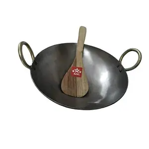 BRRL Pure Iron Kadai Lokhand Loha Kadhai Large Heavy Wok Cooking Pan 13" with Wooden Karchi