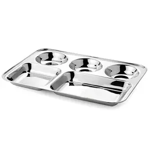 PMK Khandekar Stainless Steel Rectangular Thali Steel 5 Compartment Rectangle Plate Steel Thali Mess Tray Dinner Plate Silver Color Size 13 X 13 Inch