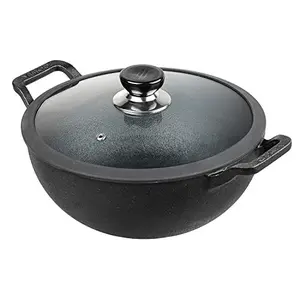 Vinod Legacy Pre-Seasoned Cast Iron Kadai with Glass Lid 24 cm Diameter (3.3 Litres Capacity) Non Toxic Enamel Free - Black Gas Stove and Induction Friendly