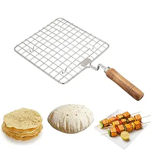 PANCA Square Stainless Steel Papad Jali Paneer Grill Roti Maker Barbeque Jali Roaster Chapati Toast Grill Wooden Handle (Silver)