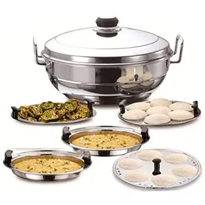 Ecom Stainless Steel Idli Cooker Multi Kadai Steamer with Steel Bottom All-in-One Big Size 5 Plate 2 Idli | 2 Dhokla | 1 Patra | Momo's