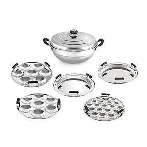 Cello Stainless Steel Induction Base Idli Cooker and Multi Kadhai 6 Plates Silver