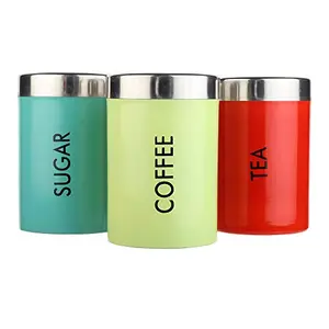 PROSAC Kitchen Stainless Steel Premium Color Coated & Printed Round shape Tea Coffee Sugar Canisters|Jar(Set of 3)