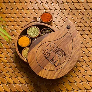 ExclusiveLane 'The Elephant Warriors' Hand Carved Spice Box In Sheesham Wood (7 Containers) -Masala Box For Kitchen Wooden Spice Box Set Masala Dabba Designer Spice Container Spice Set Masala Dani
